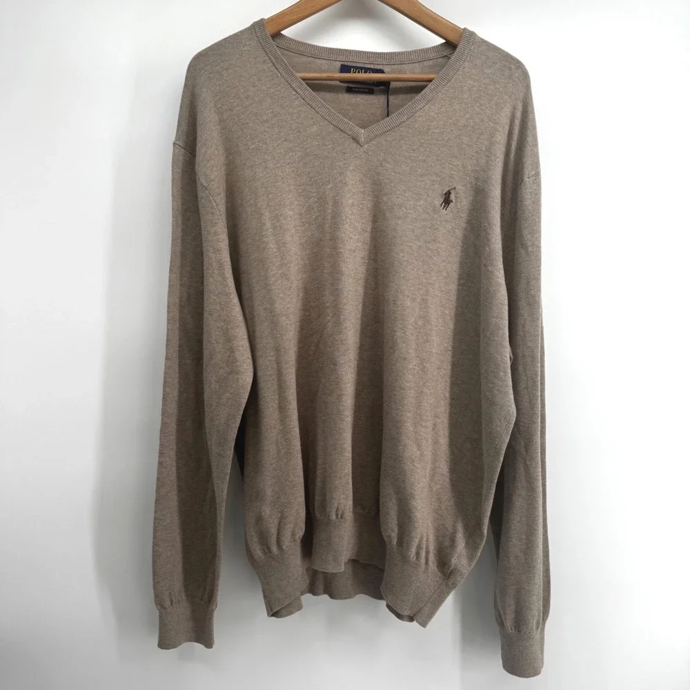 Polo Ralph Lauren Mens XL Pima Cotton V-Neck Sweater Tan Heather NWT